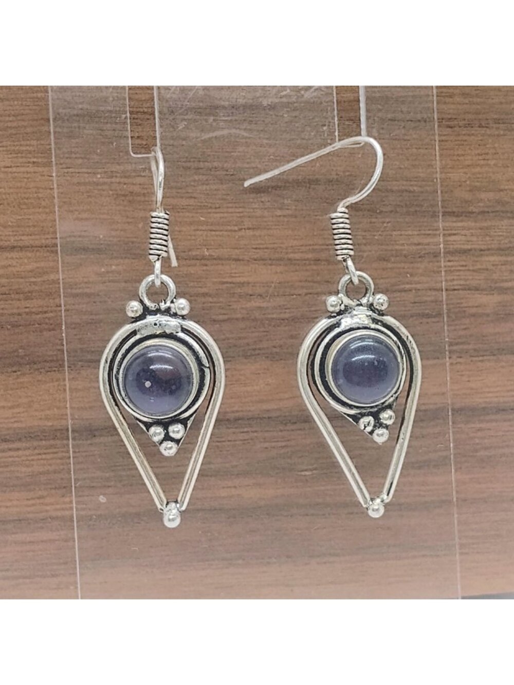 Handmade Ethnic Bohemian Teardrop Shaped Silver Amethyst Dangle Earrings